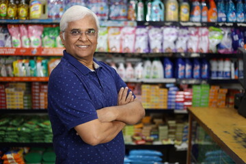 Portrait of Happy and smiling Indian old age man purchasing in a grocery store. Confident and fit Grandpa buying grocery for home in a supermarket.