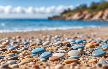 Fototapeta na wymiar pebbles on sandy beach with blurred blue sea and sky background.