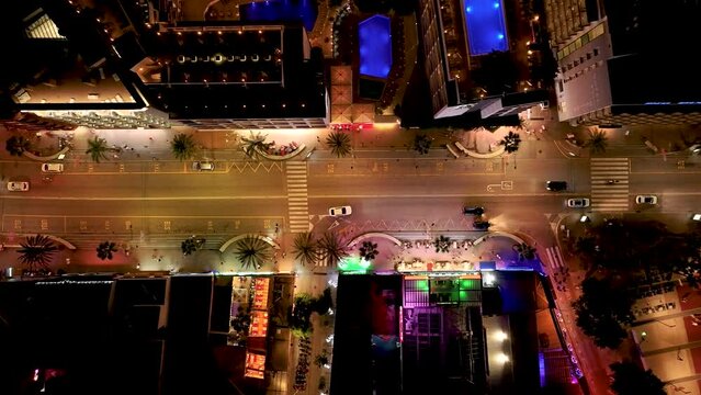 Resort town on the Mediterranean coast in Spain. Drone view of the city of Lloret De Mar. Night life