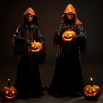 Two mans in Halloween costumes with pumpkins and candles on dark background