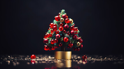 Christmas tree with glass balls on the blurred background with bokeh. Winter holidays greeting card with Xmas fir and baubles.