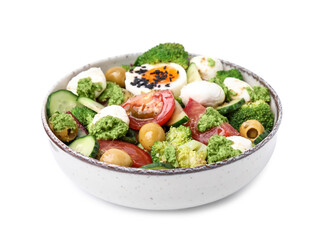 Delicious salad with pesto sauce in bowl isolated on white