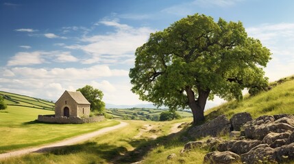  a painting of a tree and a house on a hill.  generative ai