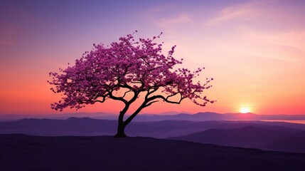Fototapeta na wymiar a tree with purple flowers in the foreground and a sunset in the background. generative ai