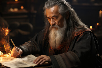A Confucian scholar teaching the wisdom of Confucius, emphasizing ethics, filial piety, and social...