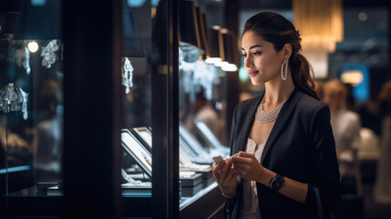 Young woman looks at a jewelry display case
