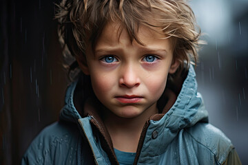  young boy with blue eyes and tousled hair standing in the rain. He is wearing a raincoat and looking directly at the camera with a sad expression, evoking feelings of empathy and sorrow