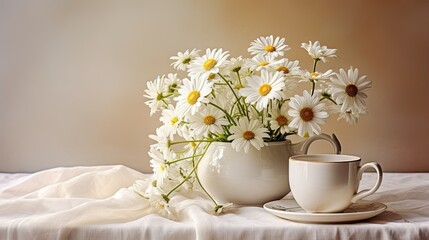 Obraz na płótnie Canvas a vase of daisies and a cup on a table. generative ai