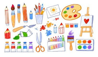 Felt pen vector illustrations collection of child drawings of art supplies