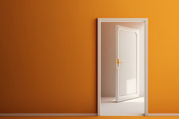 Traditional orange background with copy space and a white glass door opening, image of a welcome home concept. Generative AI