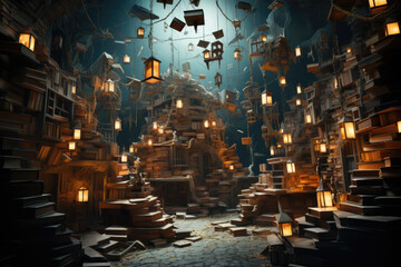 A room filled with floating books, pages open and words swirling in the air, creating a surreal...