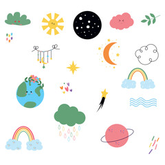 Set of cute hand draw rainbow, sun, cloud, star, weather in boho style. Cartoon doodle clipart elements for nursery.