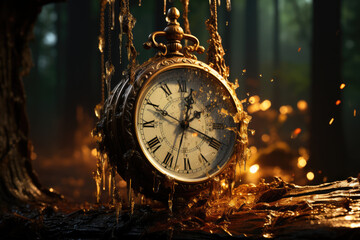 A melting clock draped over a tree branch in a forest, emphasizing the fluidity of time in the...