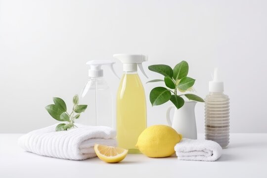 Eco cleaning products for toilet on white background