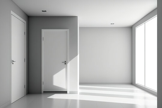 Interior of a contemporary apartment with a window, a gray floor, and a door to the subsequent room. Wall mockup with a blank copy space but no individuals. Generative AI