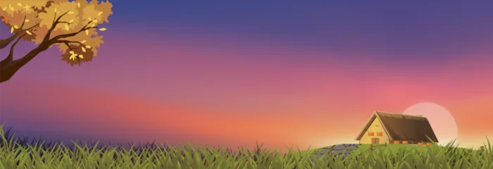 Poster Spring landscape sunset sky background,Vector cartoon Village   Morning sunrise over farm house, grass field and tree,Horizon Nature rural scene countryside in Summer © Anchalee