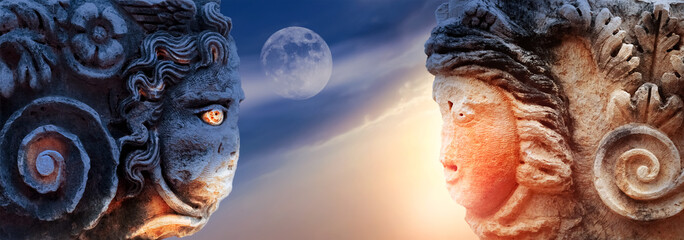 Bas-relief in the Myra ancient city. Turkey. Day and night concept. Banner format.