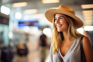 cheerful woman at an airport terminal waiting to go on vacation. AI generated.