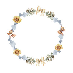 Watercolor halloween sunflowers, bows, smoke wreath template vector design. Template with space for text, greeting cards, invitation, autumn mood decoration, save the date, wedding, greeting design, b