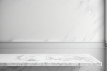 Empty white marble tabletop with white ceramic tile wall background, Mock up banner advertising for product showcase or montage, Modern elegance. Generative AI