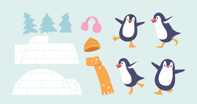 Set of Cozy Warm Clothes, Hat, Scarf and Earmuffs, Cute Penguins Characters, Spruces and Igloo or Ice House and Building