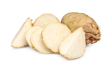 Whole and cut celery roots isolated on white