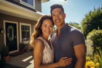 a happy and smiling couple in their thirties, pose in front of their house