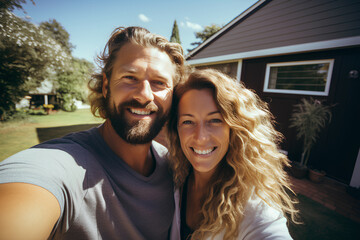 a happy and smiling couple in their thirties, pose in front of their house - obrazy, fototapety, plakaty
