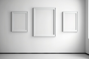 White wall with empty picture frames in the display space. Generative AI