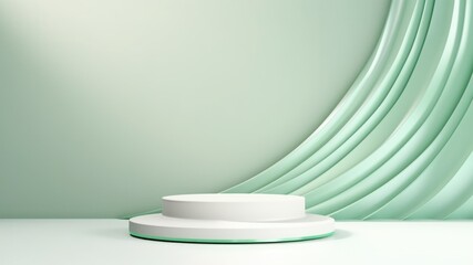 White podium with light green curtains in background, Premium showcase mockup template for Beauty, Cosmetic, Luxury products, with copy space for text