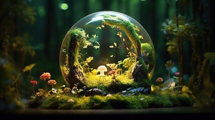 Obraz na płótnie Canvas a glass ball with a forest scene inside of it on a table. generative ai