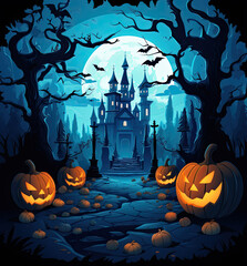 A Spooky Halloween House with Bats, Illustrated in Dark Sky-Blue and Dark Violet, Infused with Vibrant Cartoonish Details, Richly Detailed Backgrounds