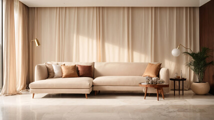 White marble floor tile in brown wall hall, luxury living room with beige corner sofa, side table, wooden stairway in sunlight from floor to ceiling sheer curtain for interior