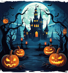 Fototapeta premium A Spooky Halloween House with Bats, Illustrated in Dark Sky-Blue and Dark Violet, Infused with Vibrant Cartoonish Details, Richly Detailed Backgrounds