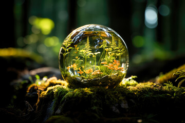 Crystal ball surrounded by lush forest symbolizing nature's beauty.
