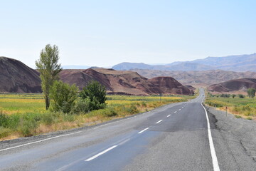 Rural landscape and the road from Kars to Igdir in the east of Turkey. The photo was taken in September 2022.