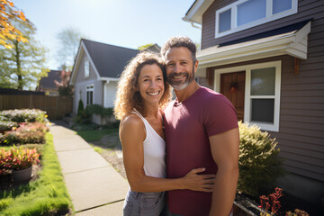 a happy and smiling couple in their fifties, pose in front of their house