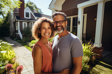 a happy and smiling couple in their fifties, pose in front of their house - obrazy, fototapety, plakaty