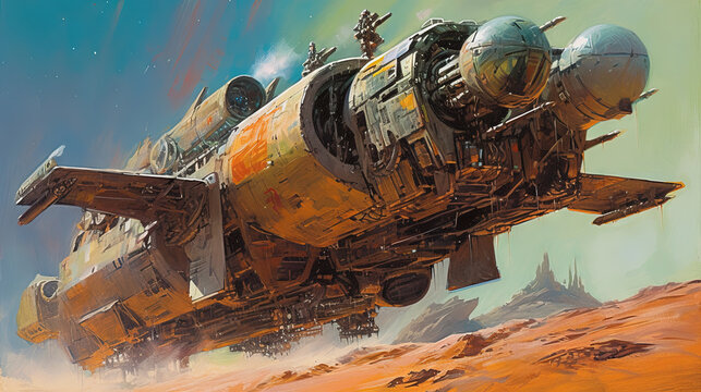 Space ships battle over alien planet in 80s books style. Retro science fiction illustration.