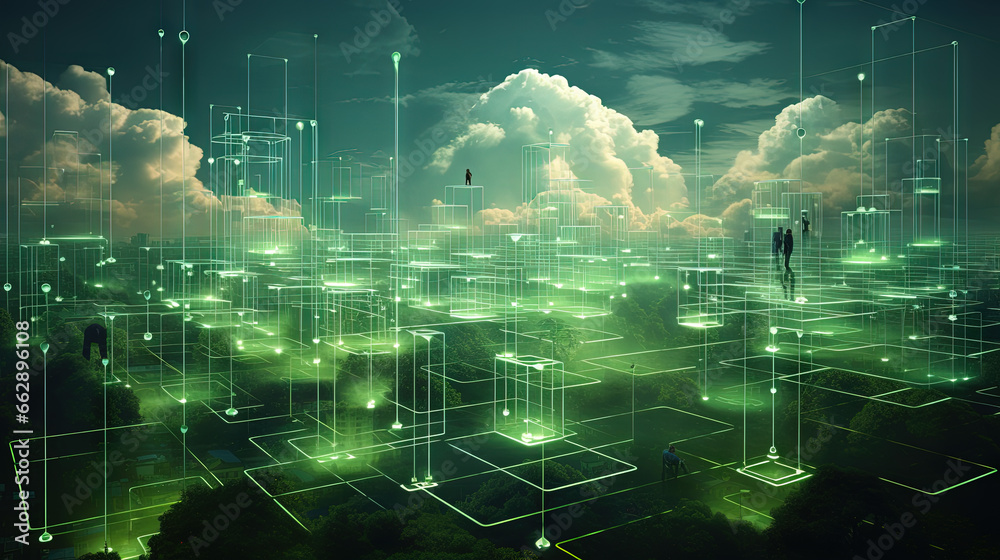 Poster concept of a digital city with cloud connections. futuristic network in the clouds.