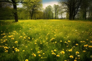 Spring meadow with dandelions. Generative AI
