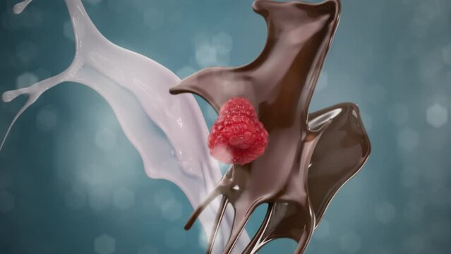Dark chocolate raspberry and fresh milk splashing  and falling in slow motion on glittery background. Nice bokeh.