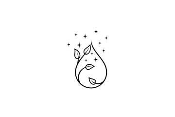 Water drop abstract logo design with plant combination decorated with stars in line art style