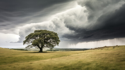 Stormy sky over a meadow with a tree in the foreground