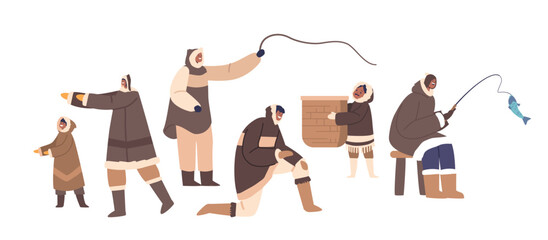 Eskimos People Isolated On White Background. Traditional Lifestyle Centered Around Hunting, Fishing, Vector Illustration