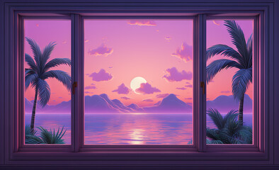Open window with tropical landscape and ocean in vaporwave style. Purple sundown in 90s style room, vacation calmness frame. - obrazy, fototapety, plakaty