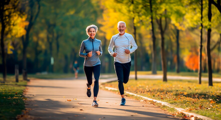 Senior couple running or jogging in a park in fall colors. Concept of health and fitness for mature or older people. Shallow field of view with copy space.	 - obrazy, fototapety, plakaty