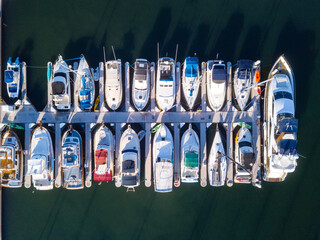 Aerial drone views of the marina in Marina Del Rey, California in the morning light. Views of...
