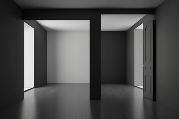 Dark vacant room with wooden floor and large entrances. Modern interior concept. Blank wall piece. mockup. Generative AI