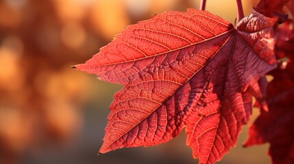 A close-up of a single, intricately veined wild grape leaf, its vivid red tones making a bold statement against the autumn backdrop.
